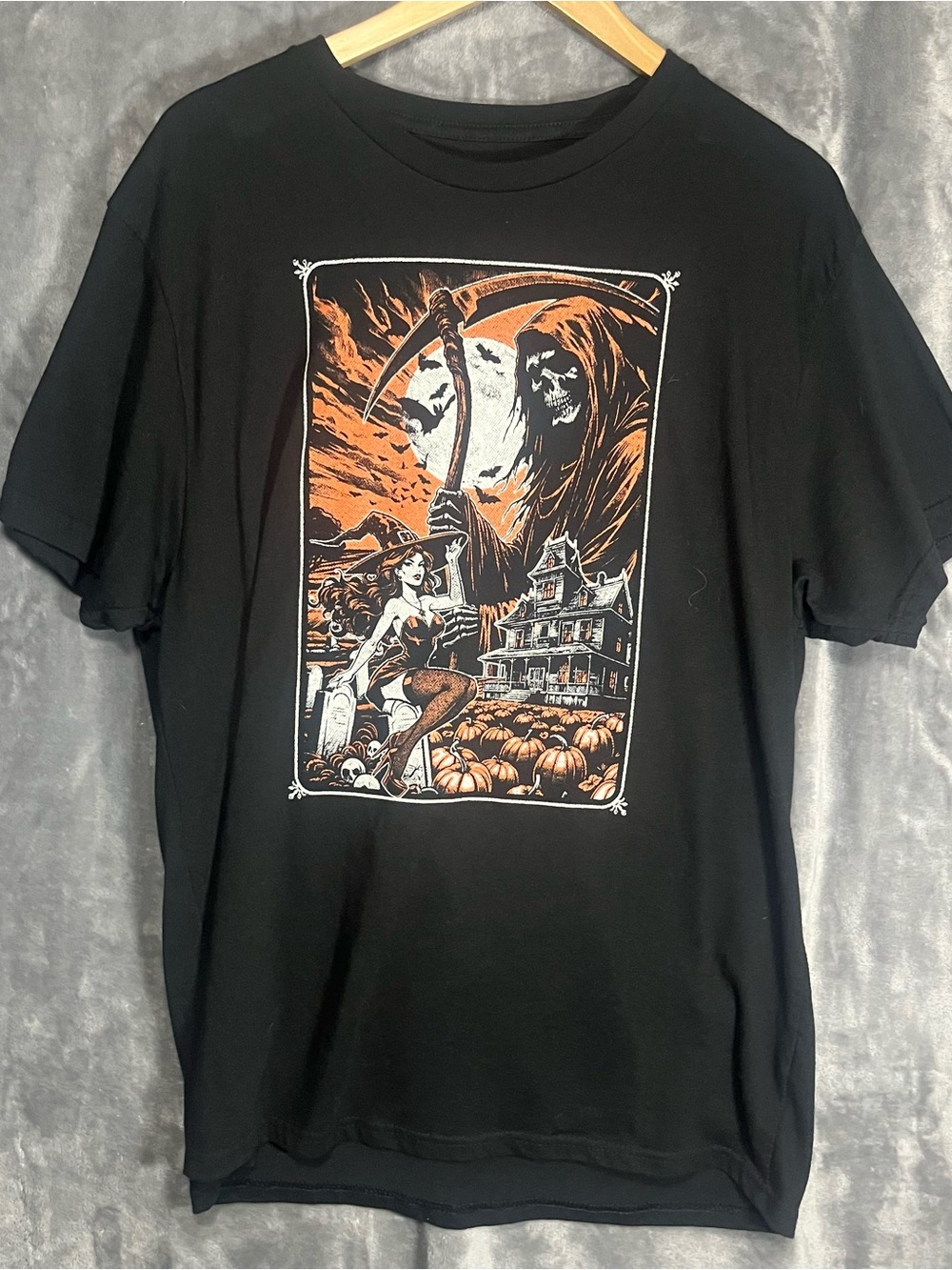 Black Halloween Graphic Short Sleeve Tee with Orange Accents